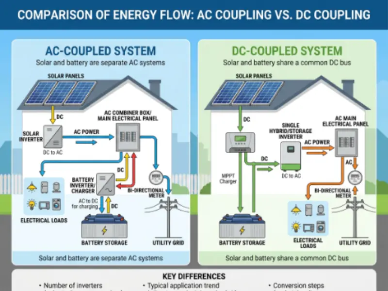 AC coupling vs DC coupling comparison diagram in solar inverter topology showing energy conversion paths