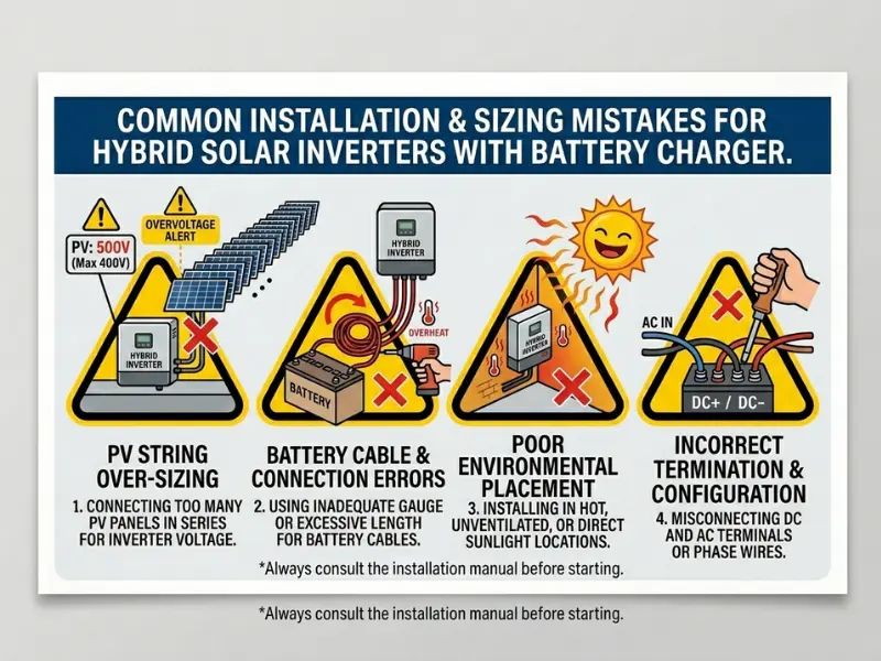 Warning icons showing solar system design mistakes like wrong battery sizing, poor installation, and overload issues