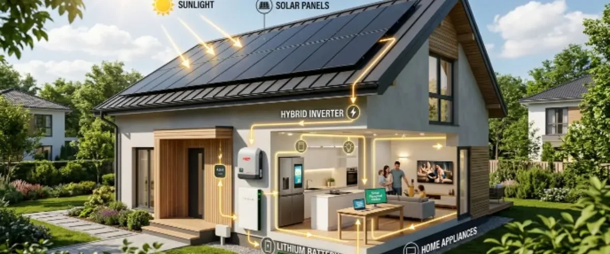 Hybrid solar inverter with battery backup system installed in a modern home with rooftop solar panels and battery storage for clean energy use