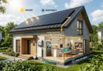Hybrid solar inverter with battery backup system installed in a modern home with rooftop solar panels and battery storage for clean energy use