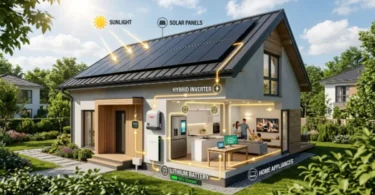 Hybrid solar inverter with battery backup system installed in a modern home with rooftop solar panels and battery storage for clean energy use