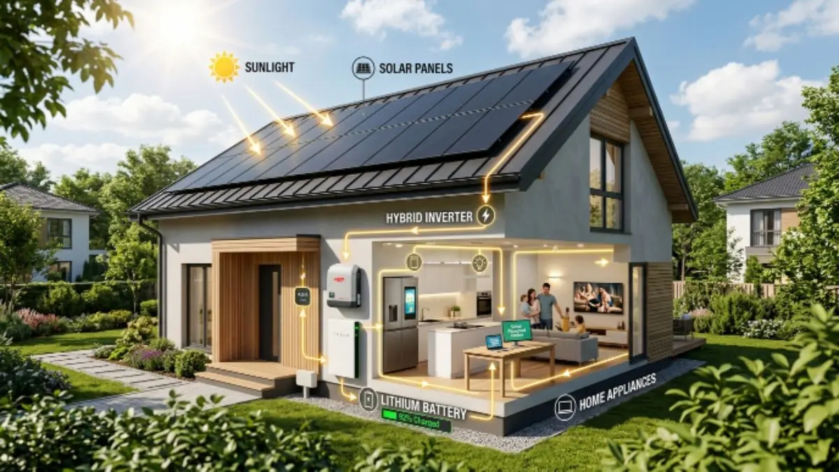Hybrid solar inverter with battery backup system installed in a modern home with rooftop solar panels and battery storage for clean energy use