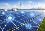 Solar panel array connected to a smart grid network under a clear sky, representing 2026 energy infrastructure and advanced photovoltaic integration.