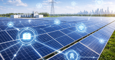 Solar panel array connected to a smart grid network under a clear sky, representing 2026 energy infrastructure and advanced photovoltaic integration.