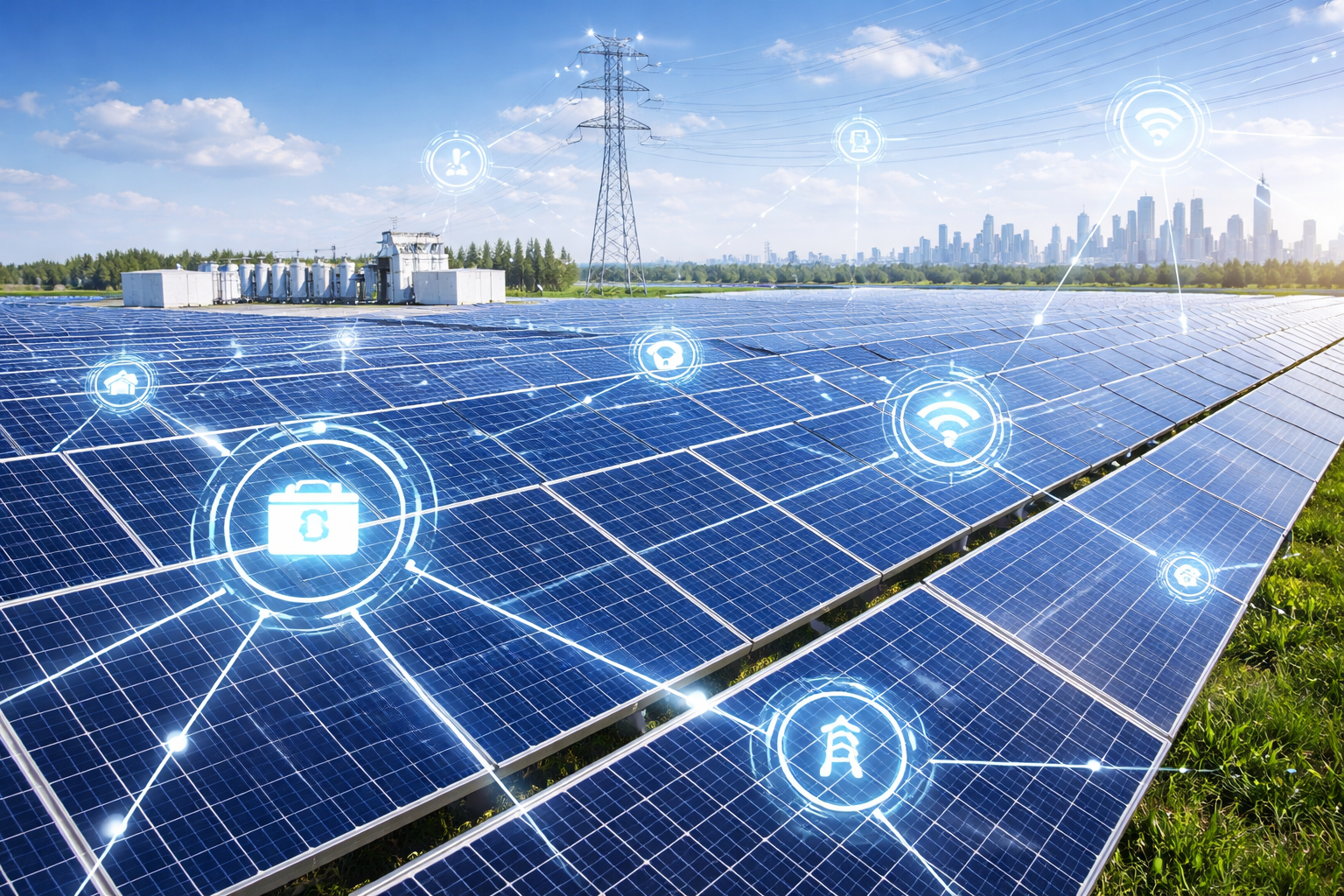 Solar panel array connected to a smart grid network under a clear sky, representing 2026 energy infrastructure and advanced photovoltaic integration.