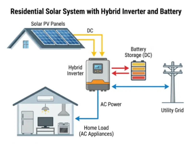 Hybrid solar inverter with battery backup connected to solar panels, battery, and home showing simple energy flow setup